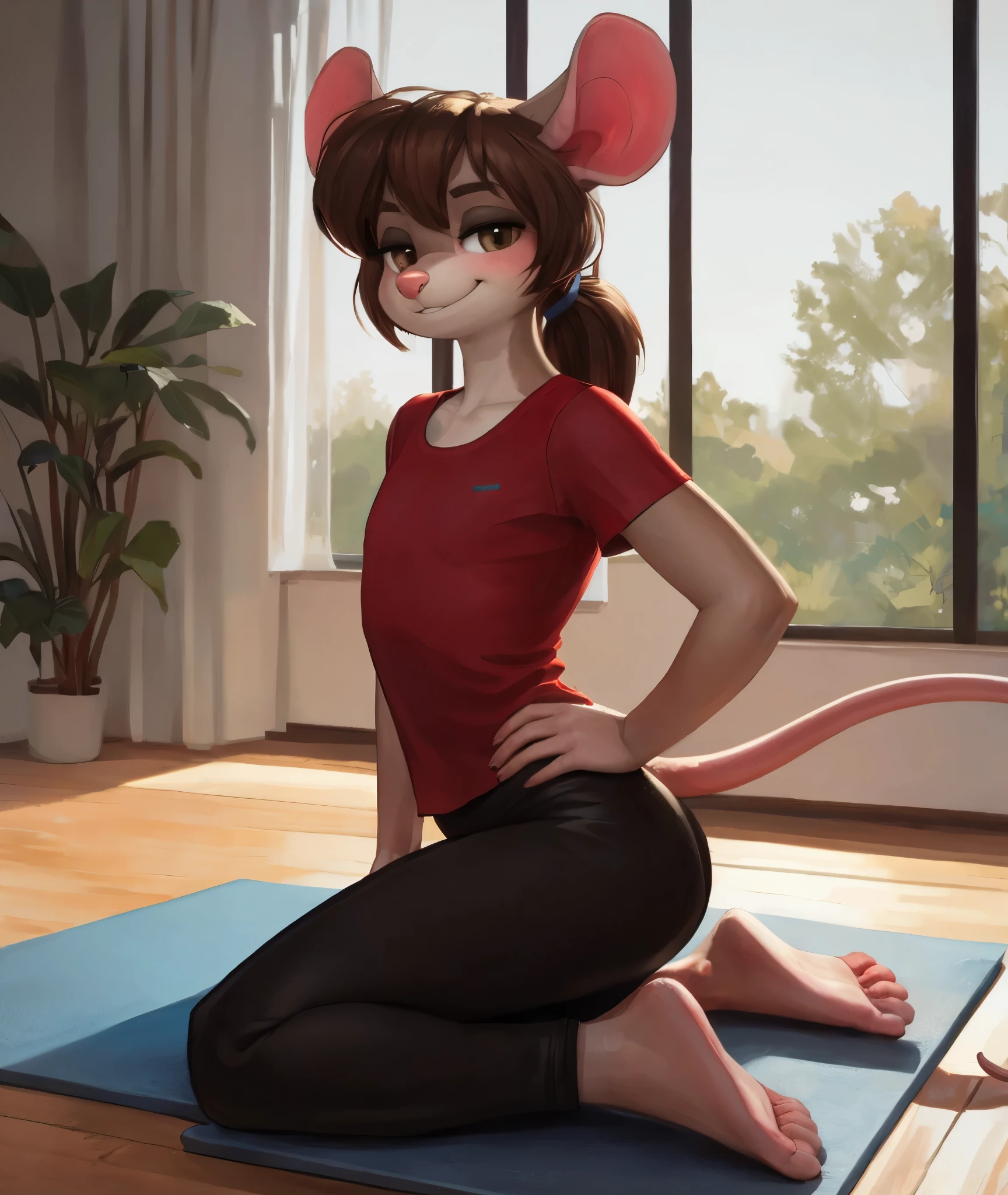 [sam rodoric], [t-kay], [ttothekay], [Uploaded to e621.net; (Pixelsketcher), (wamudraws), (t-kay)], ((masterpiece)), ((HD)), ((high res)), ((solo portrait)), ((full body)), ((fromt view)), ((feet visible)), ((furry; anthro)), ((detailed fur)), ((detailed soft shading)), ((beautiful render art)), {anthro mouse; (skinny figure), grey fur, pink nose, (mouse ears), short brown hair, (long ponytail), (cute brown eyes), (half-closed eyes), (short eyelashes), (beautiful legs), (beautiful feet), (humanoid feet), (flat-chested), (blushing), (smug grin)}, {(red tee shirt), (black yoga pants)}, {(on yoga mat), (kneeling), (hand on hip), (looking at viewer)}, [background; (living room), (window), (blue sky), (sun rays), (ambient lighting)]