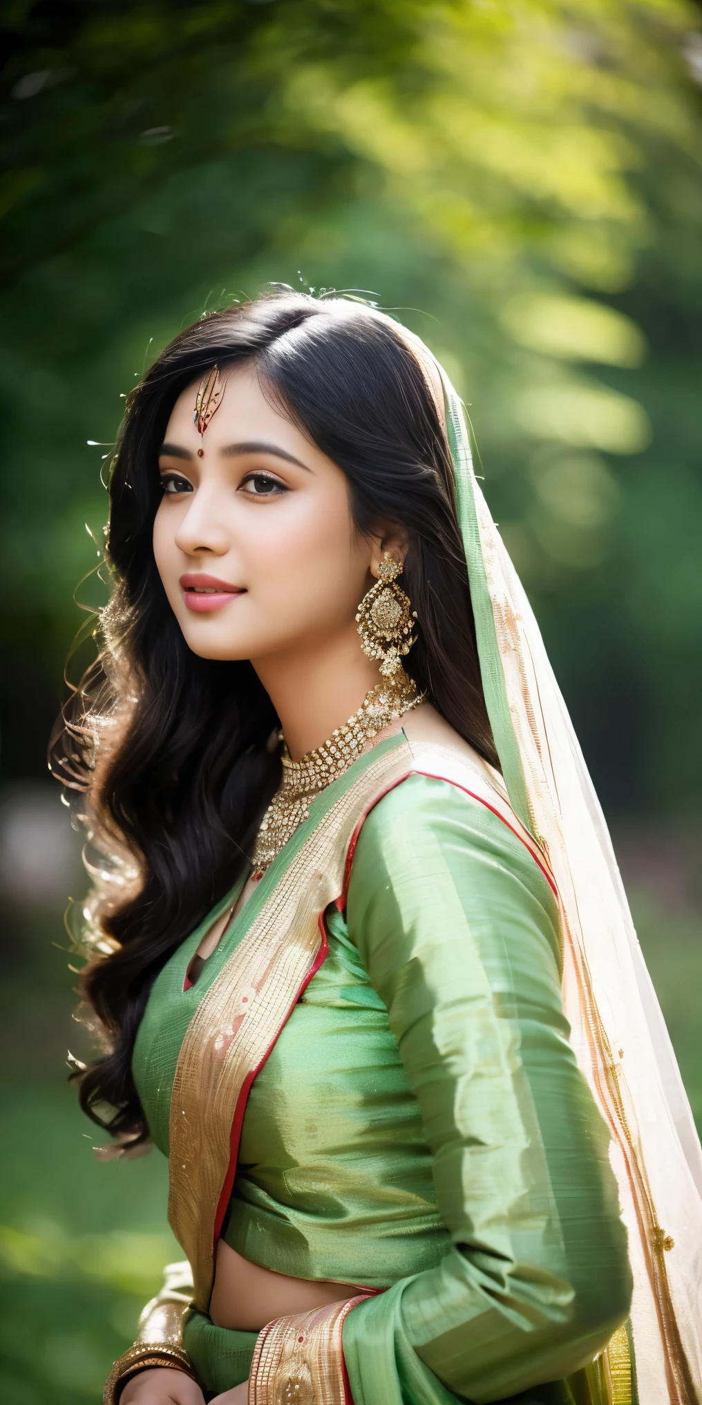 (((desi girl))), chubby face, natural skin, wearing bhue bridal saree, charming black hair, ((hair ends are blonde)), greenary village background, bokeh