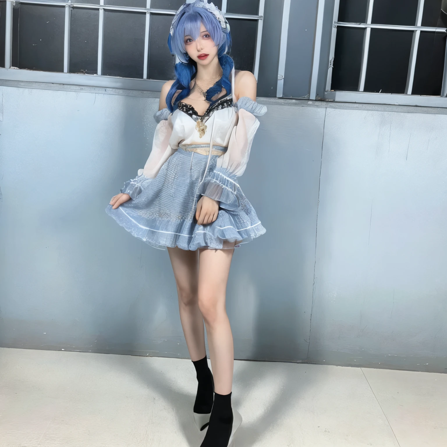 South Korean beauties，One meter eight，on a wall，standing on your feet，Blue hair，huge tit，Wet water all over the body，Bare shoulders，Translucent extra-short shirt，Translucent skirt，Miniskirt，Blue slim stockings，slenderlegs，Straight legs，Comic leg，high-heels