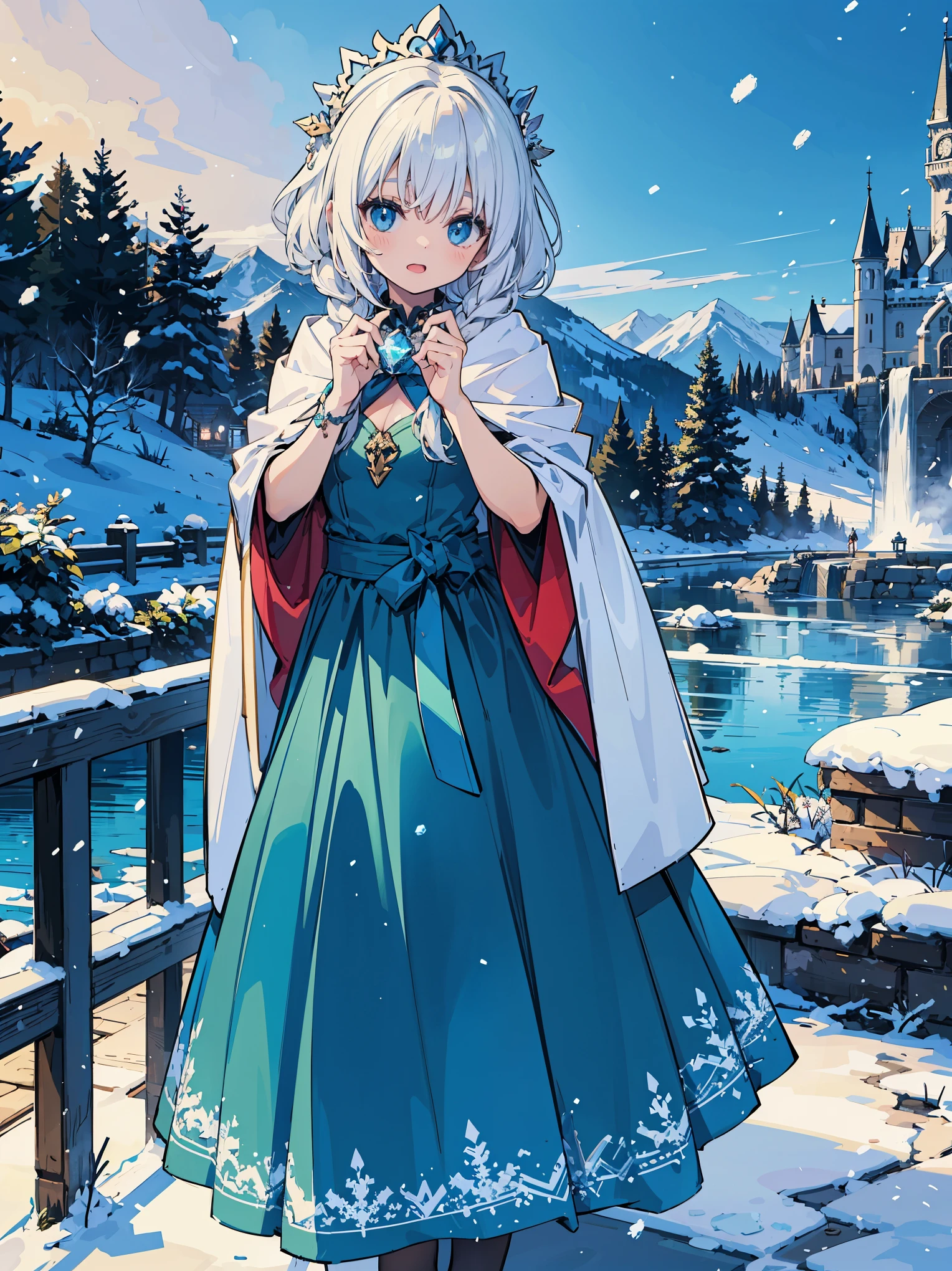 The main character is an (((red)):0.9) girl with long and fluffy ((cool)):1.3) hair. She is Elsa who created her own castle using her snow magic. She is wearing a blue dress and a white cape, sparkling like ice. She is singing to the camera with her confident look. In the background is her castle, with snow and ice sculptures visible. This illustration expresses her power and beauty.