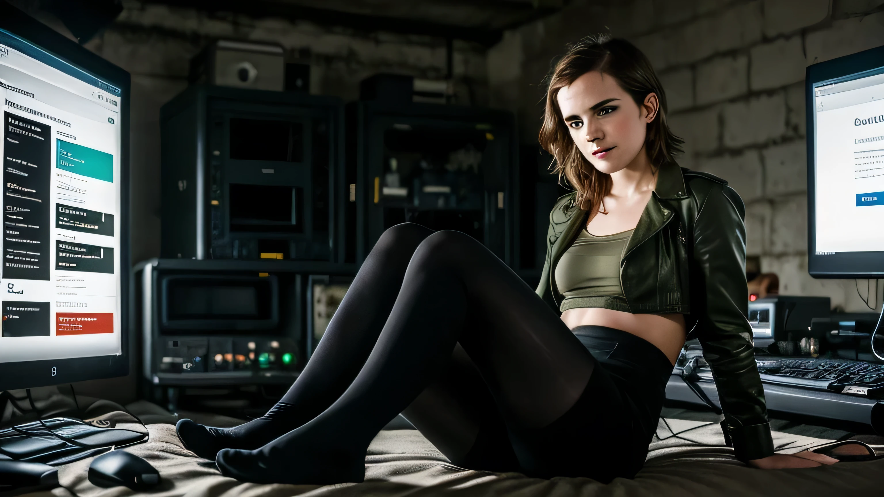 ((best quality)), ((Meisterwerk)), (detailliert), perfektes gesicht, Emma Watson on an olive cot in an apocalyptic wasteland setting, zerrissene dunkelgraue Lederkleidung, detailliertes Gesicht, Dreamy look, Beine gespreizt, sehr kurze dunkle getragene Socken, Elektronische Laborwerkzeuge auf einer Werkbank und herumliegende Computerteile, Screens show dark user interfaces, LEDs on several devices illuminate the room and indicate activity