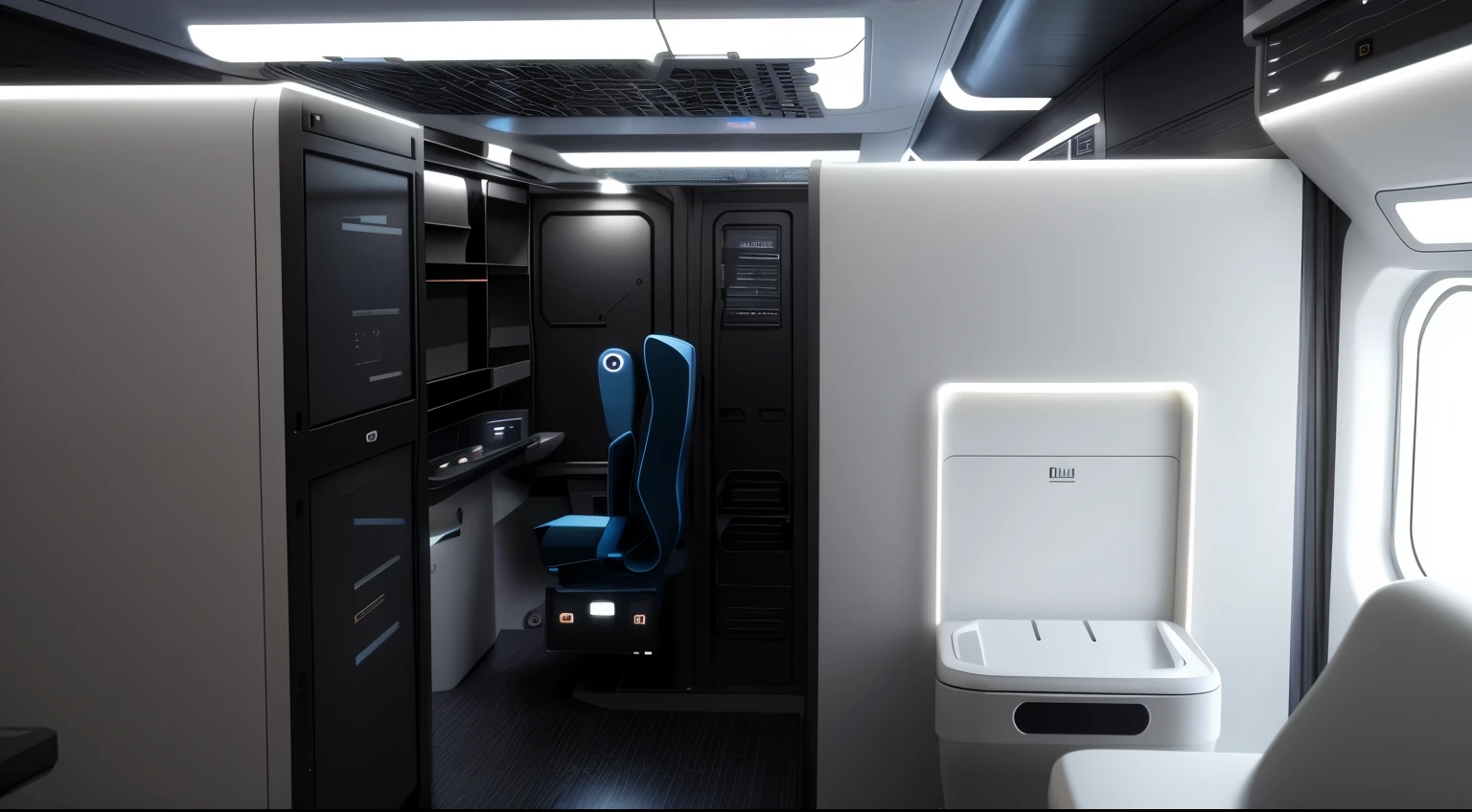 Detailed spaceship interior,person sitting sideways,There is a toilet and sink, ambient occlusion , high detail airplane cabin, ambient occlusion, capsule hotel, Detailed rendering, Detailed spaceship interior,Close-up of forklift cab with leather seats,Industrial design concept产品,Behance style、Minimalism,Realistic rendering,Black plastic housing with white plastic housing, facing front, High resolution rendering, Industrial design concept, 2 0 1 8, front view, 2018 cockpit, High resolution scan, High resolution scan