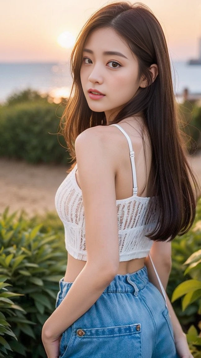 (at beach, 1 girl, small breasts, medium long hair, white T-shirts, wearing denim miniskirt and white panties, camel toe, Spread legs, squatting:1.5), fair-skinned, glossy lips, skinny, body type, delicate and sexy clavicle, highest quality, RAW photo, realistic, face, incredibly ridiculous beautiful girl, cute, Depth of bounds written, High resolution, ultra detail, detailed, Very detailed, extremely detailed eye and face, sharp pupils, sharp focus, cinematic lighting