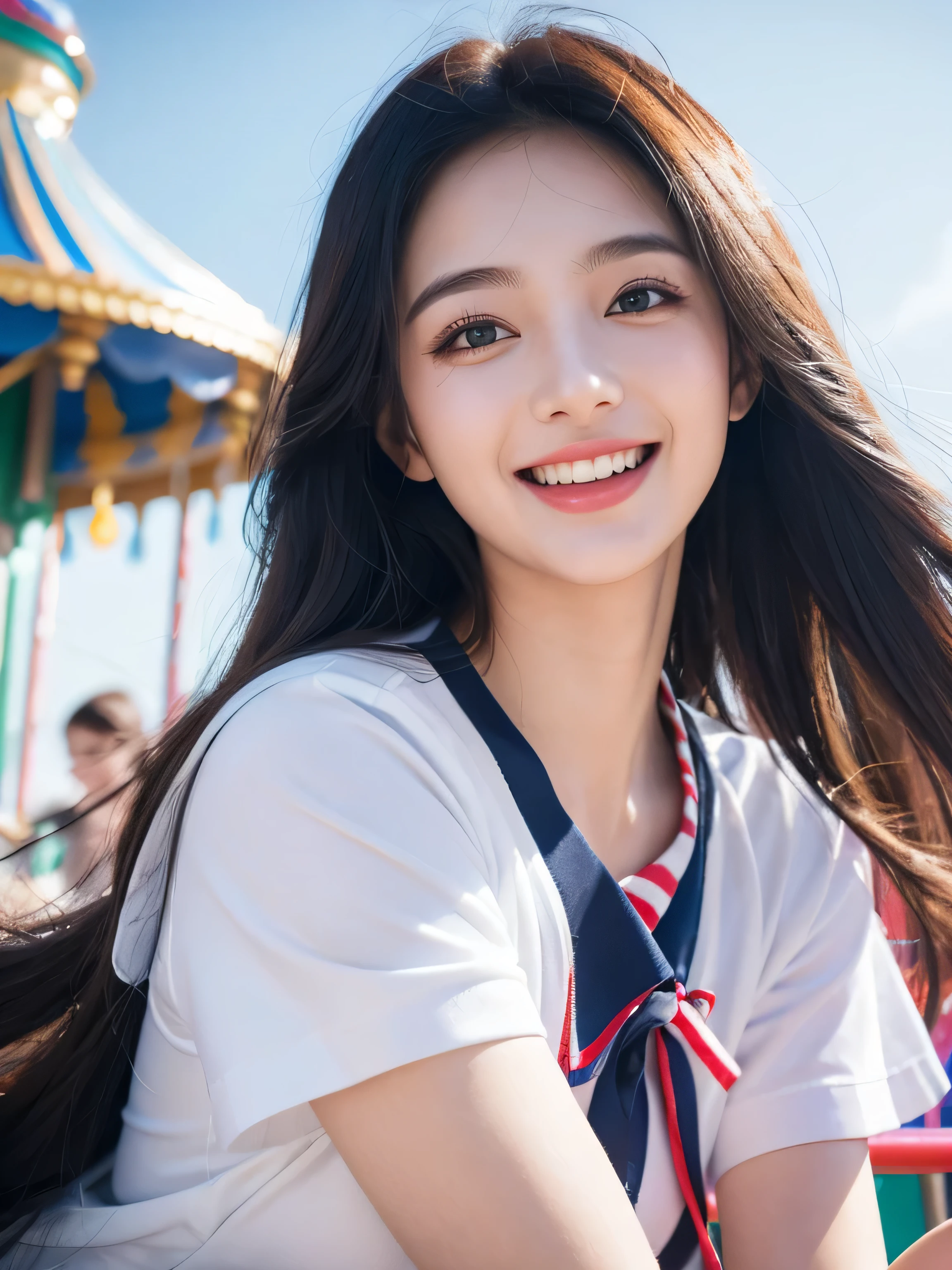 woman in a school uniform,half body shot,flowing hair,(best quality,highres), on the amusement park,illustration,detailed eyes,detailed lips,cheerful expression,vibrant colors,bright lighting,fun atmosphere,happy pose,crowds of people,carousel,hazy background,laughing friends,exciting rides
