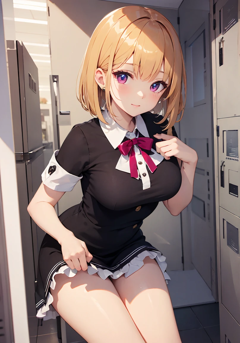 Gradient with pink tips,Blonde,Twin tails up to the shoulders,Red eyes,high school girl,A pleasant looking face,Slightly curled twin tails,nsfw,medium breasts,steam,(selfie1.5),front view, full body,Navy Blue Skirt,Navy blue knee socks,top less,grab own breasts