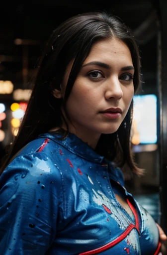 a woman holding an ice cube, in the style of dark sky-blue and light crimson, splattered/dripped, shiny eyes, movie still, intricate costumes, whiplash line, barbiecore --ar 128:85 --s 1000 --c 100 --w 1000 --v 5.2 --style raw