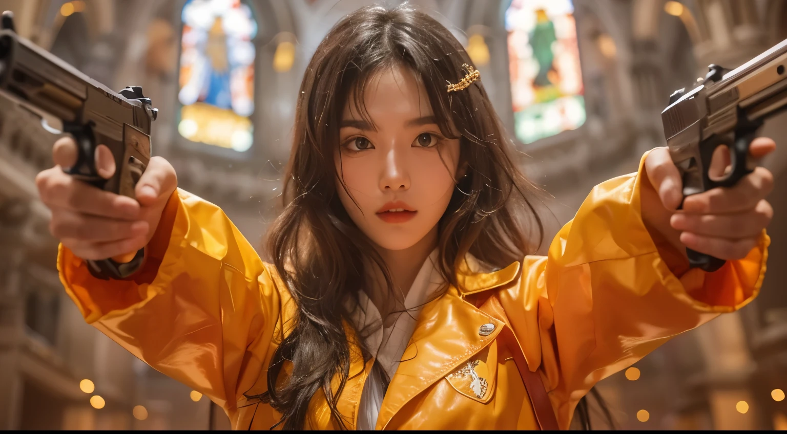 Fullbody length A Korea girl (fighting with Dragon) (in church) , details body , wear bomber jacket yellow (holding 2 pistols
), (Random view)