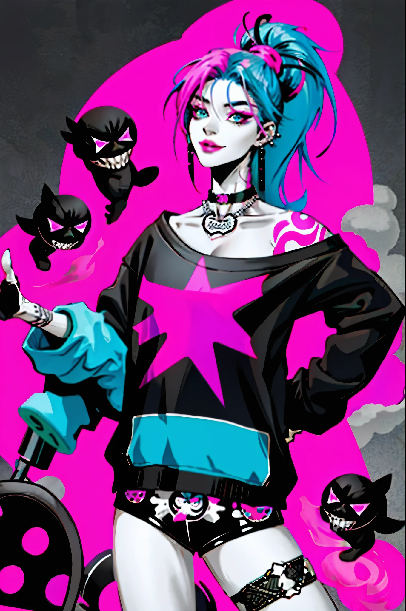 kpop girl with rizz smile face, bad ass, black,neon cyan pink hair, tattoos on hands and neck, piercing, black mixed green striped sweater, cool badass pose, smoke background, colorful smoke background