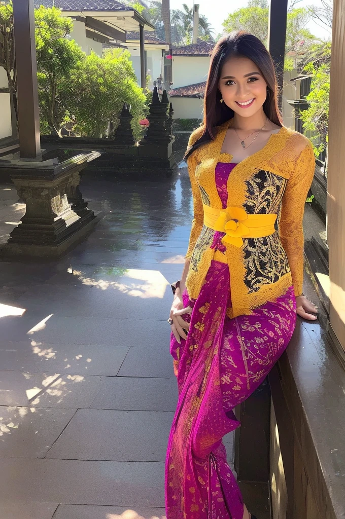 (Best quality, high resolution, Masterpiece: 1.3), a beautiful woman with a slender figure, (dark brown layered hairstyle), wearing a pendant, ((kebaya_bali)) outdoors, scenic beauty, Singaraja-Bali city with a distant background, details in face and skin texture beautifully rendered, details eyes, (best quality, high resolution, masterpiece: 1.3), a beautiful woman with a slim figure, (dark brown layered hairstyle),((kebaya_bali)), outdoors, background random, details in face and skin texture beautifully rendered, detail eyes, double eyelids, seductive laugh, feminine laugh, seductive pose