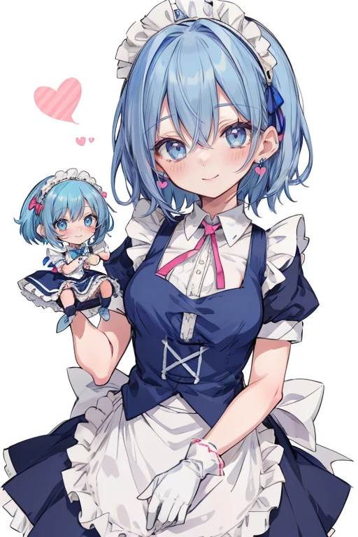 cute anime blue haired girl with pink doll and blue ribbon, maid, blue eyes, blue hair, maid headdress, apron, gloves, short hair, dress, heart, smile, white gloves, doll joints, jewelry, maid apron, joints, earrings, blush