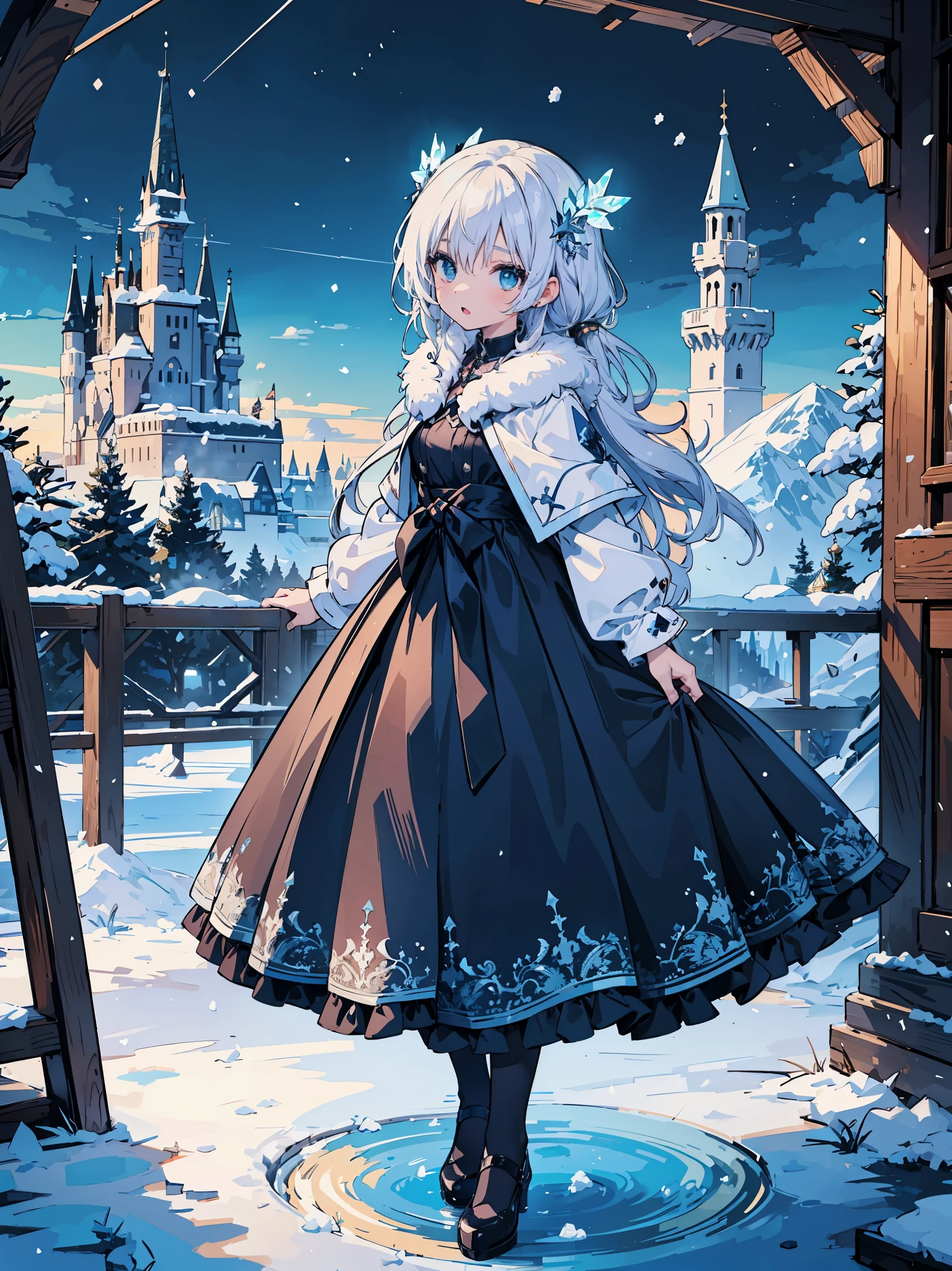 The main character is an (((red)):0.9) girl with long and fluffy ((cool)):1.3) hair. She is Elsa who created her own castle using her snow magic. She is wearing a blue dress and a white cape, sparkling like ice. She is singing to the camera with her confident look. In the background is her castle, with snow and ice sculptures visible. This illustration expresses her power and beauty.