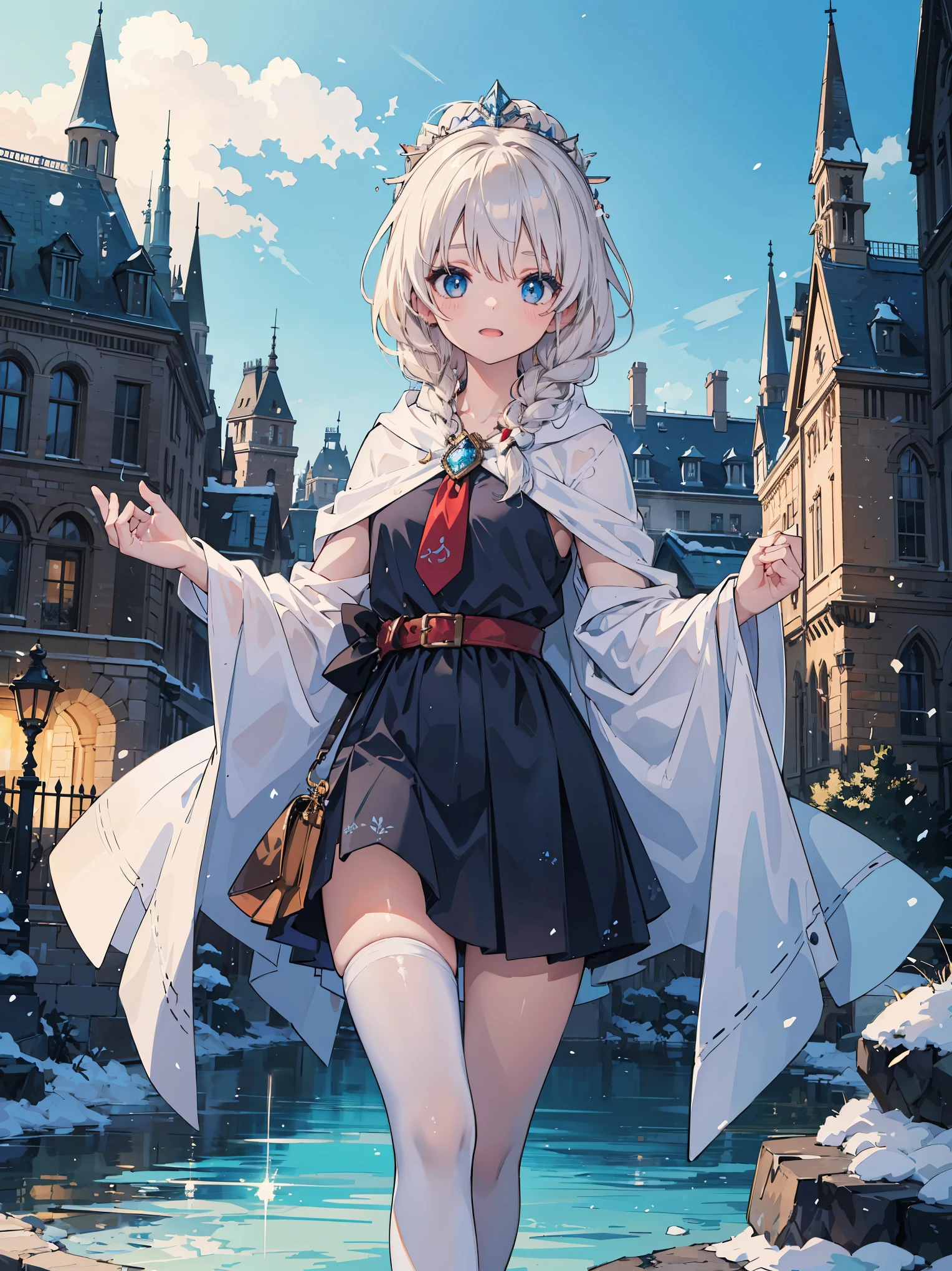 The main character is an (((red)):0.9) girl with long and fluffy ((cool)):1.3) hair. She is Elsa who created her own castle using her snow magic. She is wearing a blue dress and a white cape, sparkling like ice. She is singing to the camera with her confident look. In the background is her castle, with snow and ice sculptures visible. This illustration expresses her power and beauty.