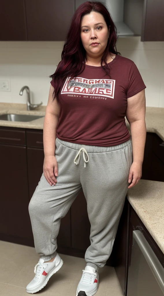 50 year old woman, dark crimson dyed hair, slightly overweight, slightly chubby, aged face and skin, dry hair, wearing a loose-fitting tshirt and sweatpants with sneakers, standing in a suburban kitchen, conservative, entire body visible, full body, hyperrealistic, best quality, 8K, real human skin, masterpiece, extremely intricate, medium closeup, detailed eyes, detailed face, detailed body, exaggerated features, pronounced features