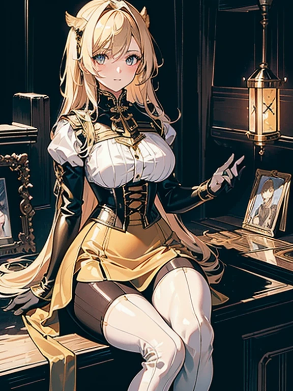(((masterpiece)))、((highest quality))、(Super detailed)、(CG illustration)、(very beautiful girl))、cinematic light、((1 Mechanical Girl))、 SF、Apocalypse、Erotic grotesque、graduate school(beautiful and luxurious:1.2)、(1 girl:1.3)、facing the front,pale golden long hair,corset,(((((black high waist tight skirt)))))