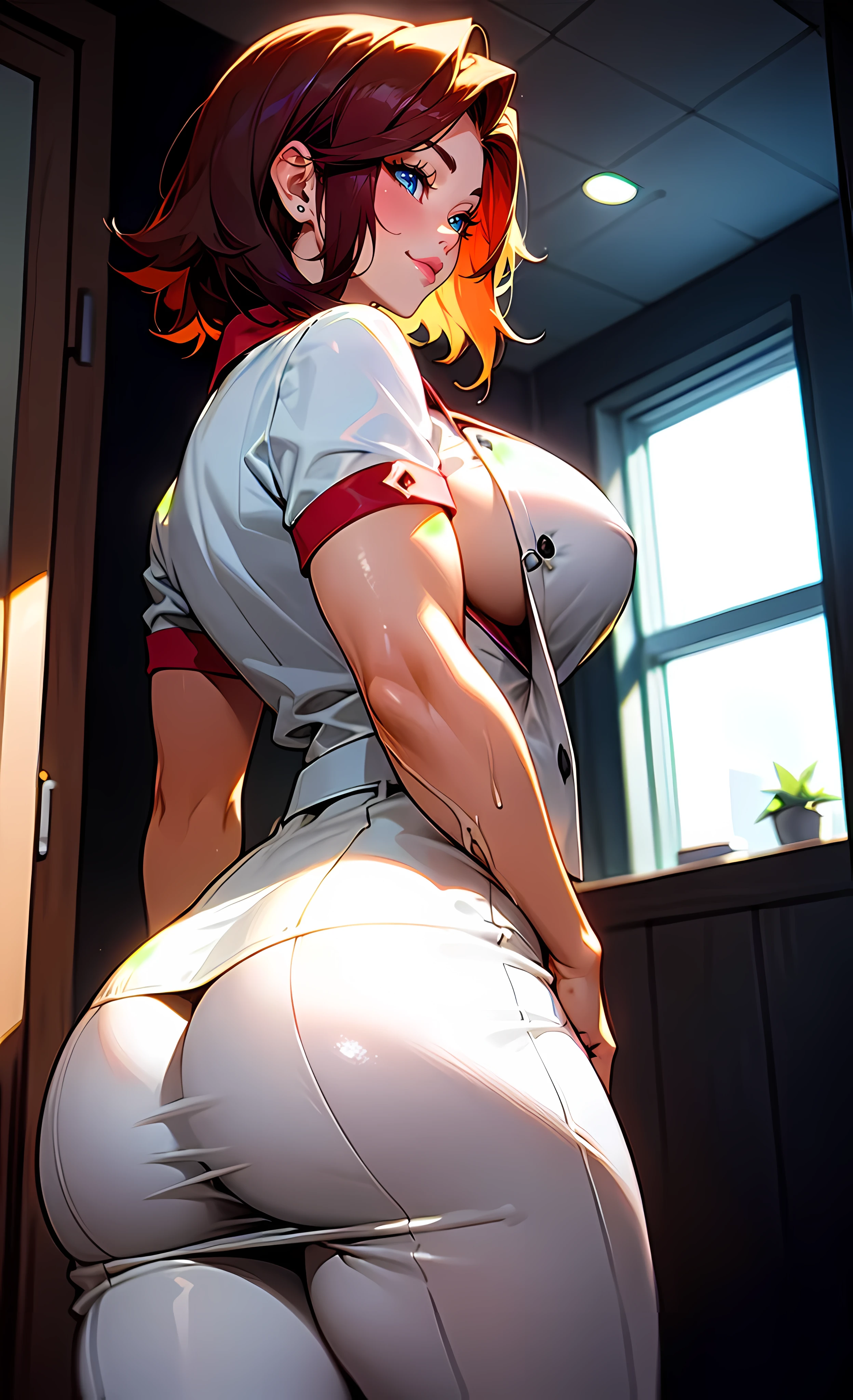 Woman 30 years (Peta Jensen pov), Massive-Female-Bodybuilder:2, short red hair, nurse nurse, tight white clothing, unbuttoned blouse, no buttons, no bra, no bra, beautiful huge breasts, wet and soft, facing the window, face looking at the window, arms and hands resting on the leg, close-up, penetrating and sensual look, fiery and lascivious wanting more, slightly wide hips, big ass showing, no panties, very short dress leaving her ass exposed