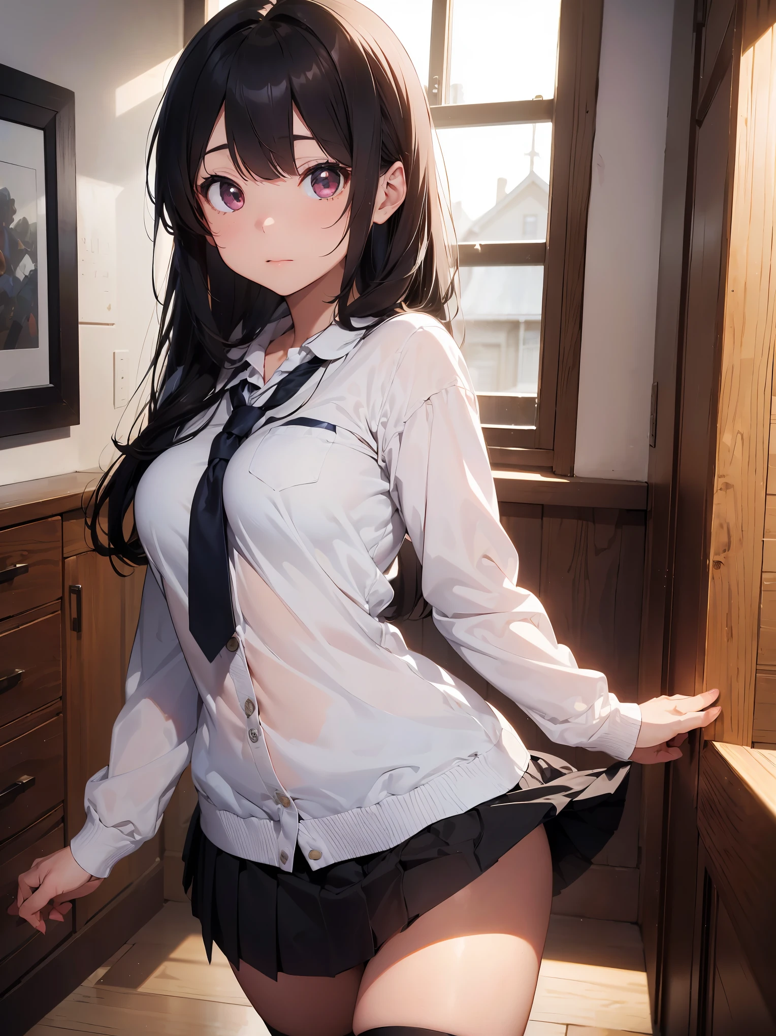 (God's masterpiece of creation:1.4)、(super absolute resolution:1.4)、(God's masterpiece of art:1.4)、highly detailed face、original character、perfect lighting、best colors、colorful、beautiful、fine details、Natural volumetric lighting and best shadows、深いDepth of bounds written、(highest quality、amazing details:1.4)、(Complex, detailed and realistic materials、texture、light source: 1.3)、(perfect anatomy:1.2)、super detailed skin、(Best lighting by famous artists:1.2)、8K、(Guidance on how to perform attractive poses by a famous master:1.4)、(1 girl)、solo、The beauty of Aphrodite's reincarnation、、long hair、long sleeve、tie、school uniform、pleated skirt、juliet sleeve、black stockings、pink shirt、cowboy shot、(skirt lift:1.3)、indoor、、、(Depth of bounds written:1.5)、tilt your head、 Look at the viewer from behind、Looking back、supple torso、look up、
