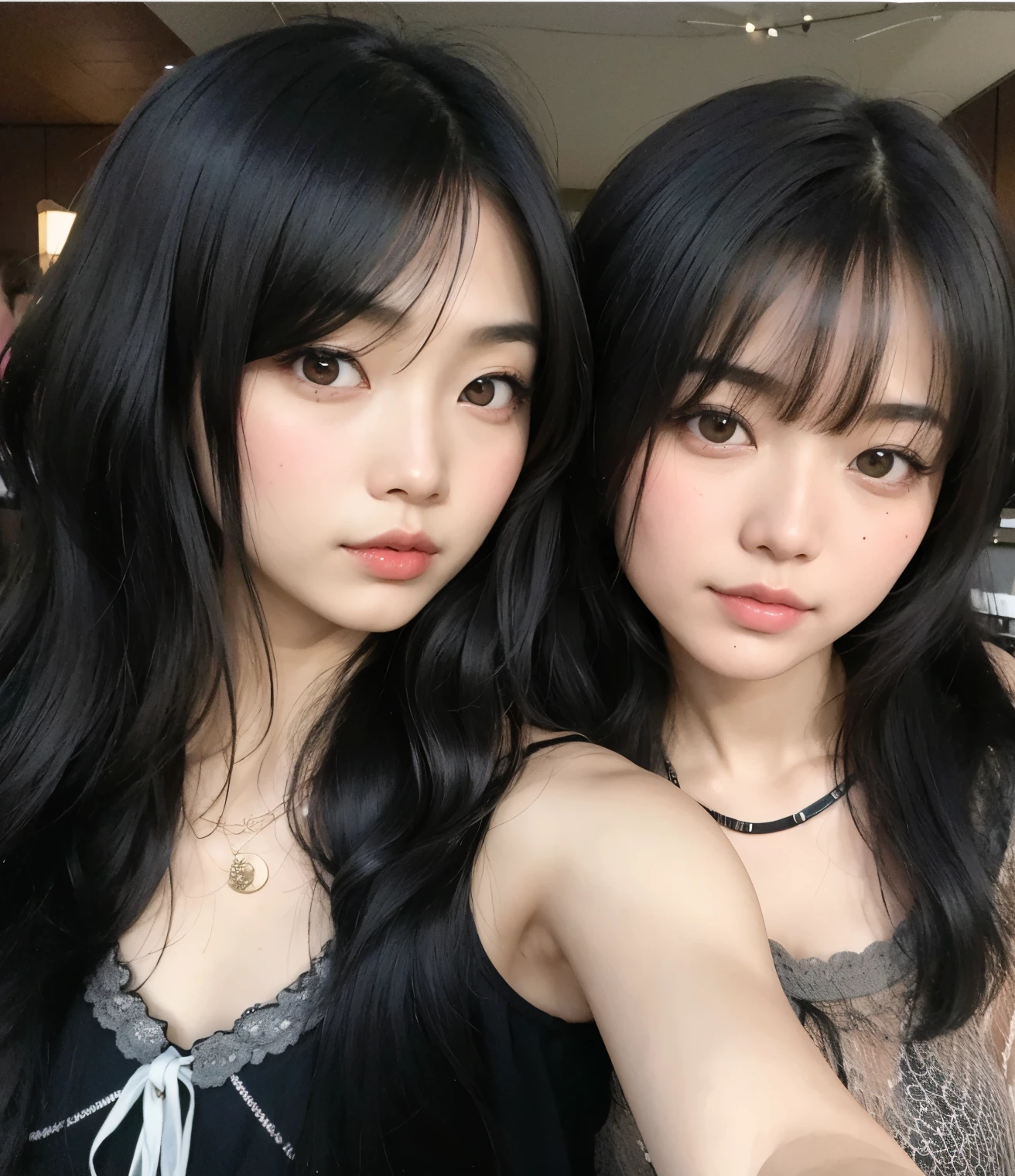 Two Asian women with long black hair posing for a photo., ulzzang, she has black hair con flequillo, con negro, pelo cortado hime negro, cabello con flequillo negro, flequillo negro, yoshitomo nara y aya takano, sui ishida con negro hair, long black hair con flequillo, Ayami Kojima y Lyde Caldwell, con flequillo