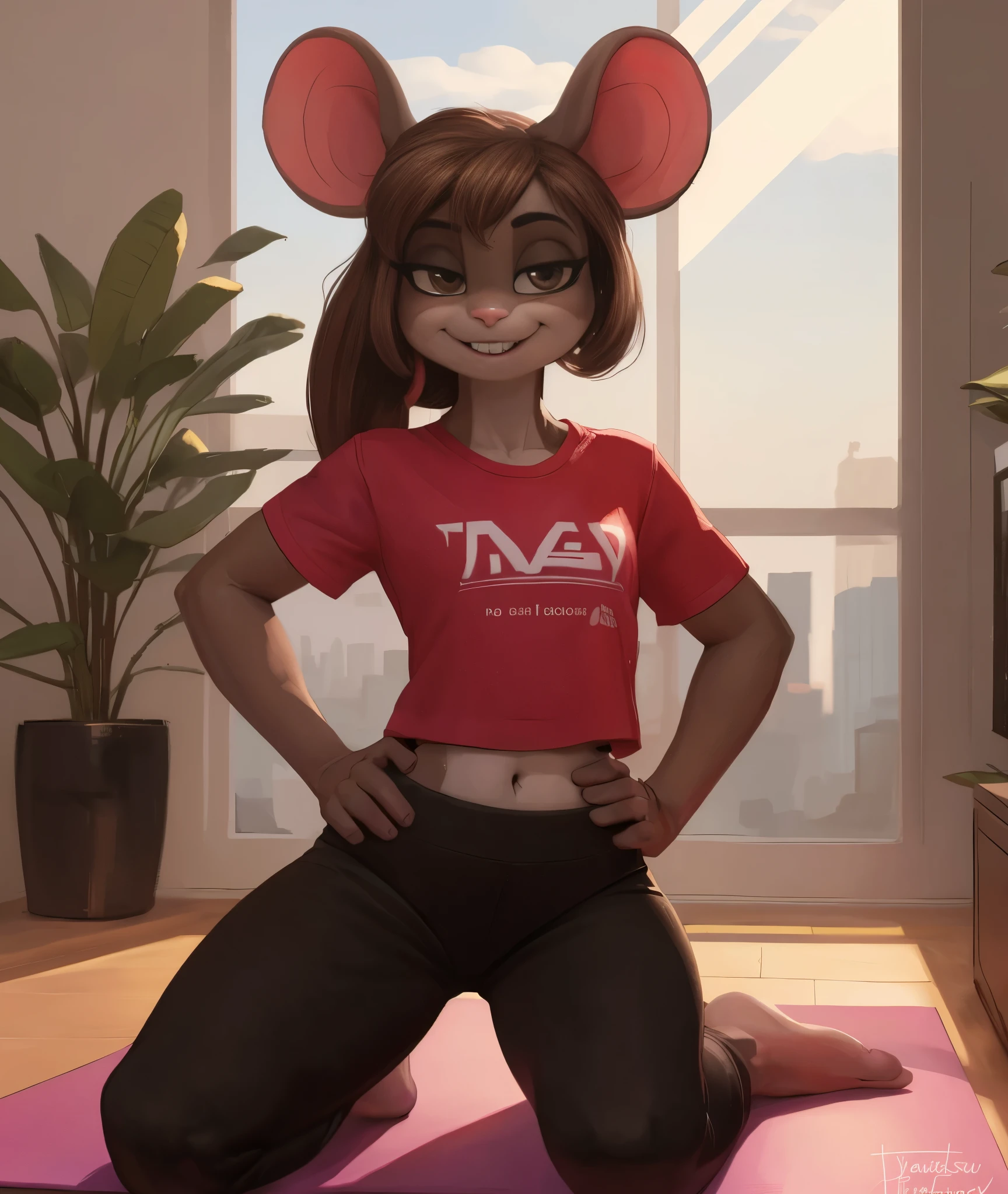 [sam rodoric], [t-kay], [ttothekay], [Uploaded to e621.net; (Pixelsketcher), (wamudraws), (t-kay)], ((masterpiece)), ((HD)), ((high res)), ((solo portrait)), ((full body)), ((fromt view)), ((feet visible)), ((furry; anthro)), ((detailed fur)), ((detailed soft shading)), ((beautiful render art)), {anthro mouse; (skinny figure), grey fur, pink nose, (mouse ears), short brown hair, (long ponytail), (cute brown eyes), (half-closed eyes), (short eyelashes), (beautiful legs), (beautiful feet), (humanoid feet), (flat-chested), (blushing), (smug grin)}, {(red tee shirt), (navel), (black yoga pants)}, {(on yoga mat), (kneeling), (hand on hip), (looking at viewer)}, [background; (living room), (window), (blue sky), (sun rays), (ambient lighting)]