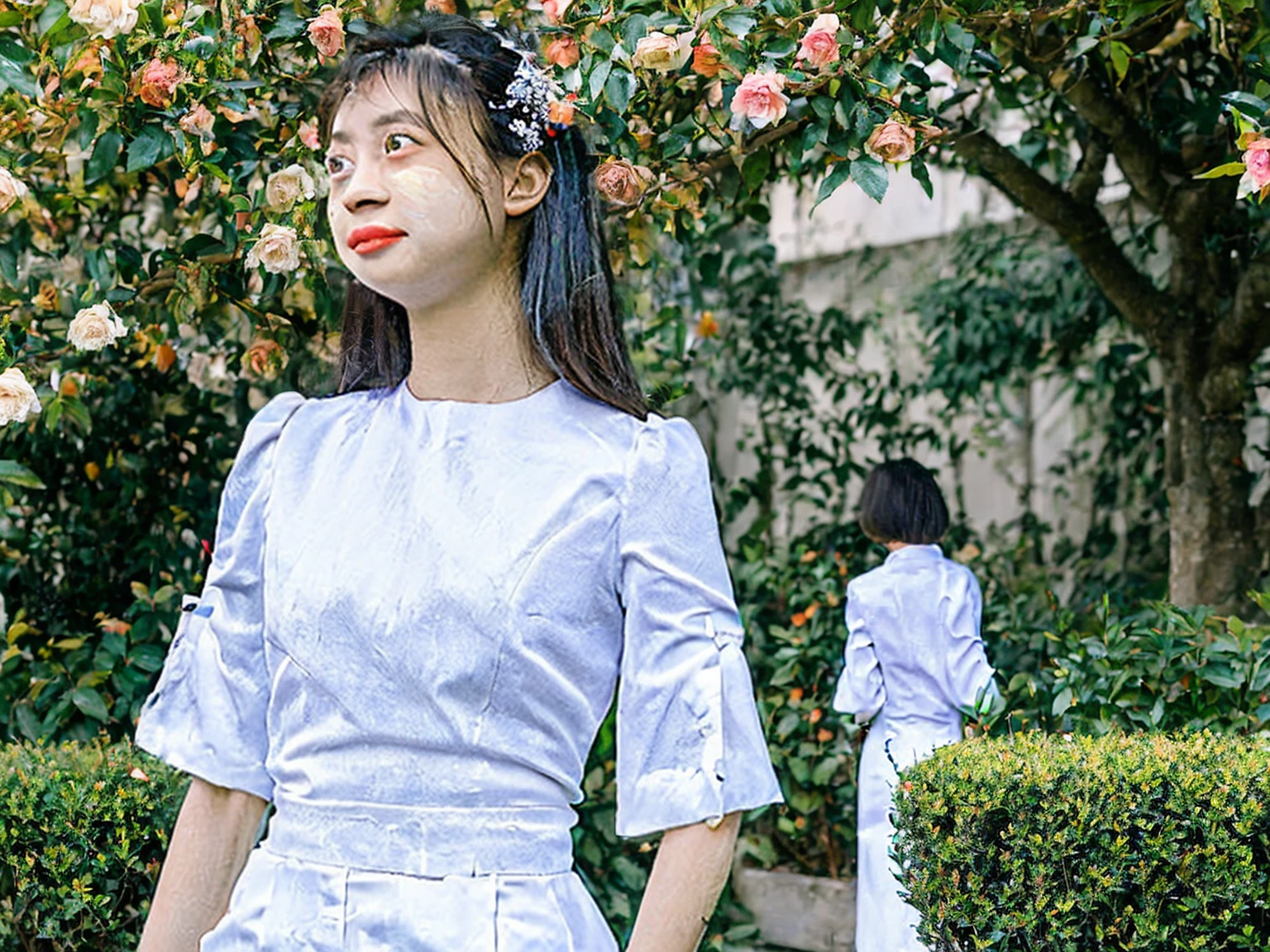 acmm ss outfit, wearing acmm top, light purple acmm top,
short sleeves, buttons, wearing acmm long skirt, white and
pink with printed acmm long skirt