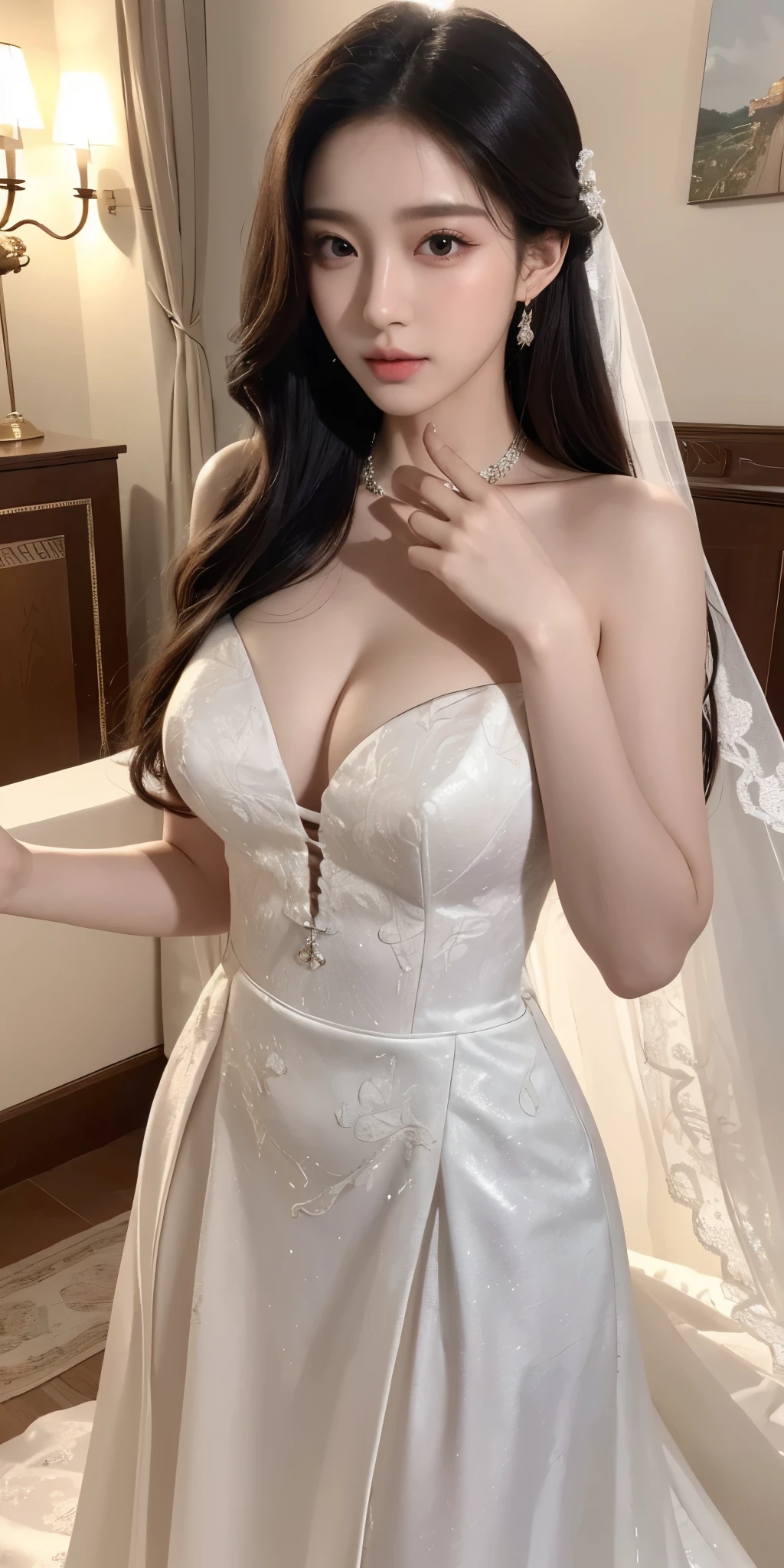 (best quality, 8K, masterpiece, ultra high definition: 1.3), (kpop idol: 1.3), 1 , (: 1.2), (long hair),  Perfect body, Beautifully, beautiful eyes, double eyelids, Hands are super thin, ((Korean wedding dress))，开衫elegant  , detailed  , elegant  , Luxury hotel 5 star,，