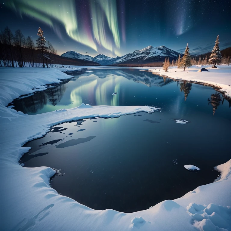 Frozen lake in Lapland at night in the middle of winter, snow-capped mountains and frozen trees in the background。Splendid Northern Lights and starry sky。A fantastic landscape with the breathtaking Northern Lights reflecting on the surface of the frozen lake。Close to the frozen lake, a magnificent reindeer with its imposing antlers reflected in the frozen lake.