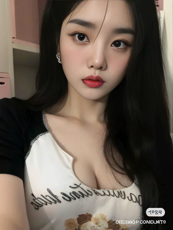 um close up de uma mulher com cabelos longos vestindo uma camisa, cruel korean goth girl, Ulzzang, Menina coreana, com cabelos longos e olhos penetrantes, pale gothic beauty, Korean facial features, Mulher sul-coreana bonita, menina de 19 anos, Asian girl, 18 anos, olhos escuros e penetrantes, pale round face, young lovely korean face