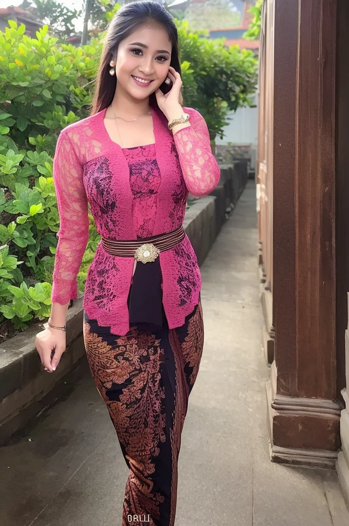 (Best quality, high resolution, Masterpiece: 1.3), a beautiful woman with a slender figure, (dark brown layered hairstyle), wearing a pendant, ((kebaya_bali)) outdoors, scenic beauty, Singaraja-Bali city with a distant background, details in face and skin texture beautifully rendered, details eyes, (best quality, high resolution, masterpiece: 1.3), a beautiful woman with a slim figure, (dark brown layered hairstyle),((kebaya_bali)), outdoors, background random, details in face and skin texture beautifully rendered, detail eyes, double eyelids, seductive laugh, feminine laugh, seductive pose