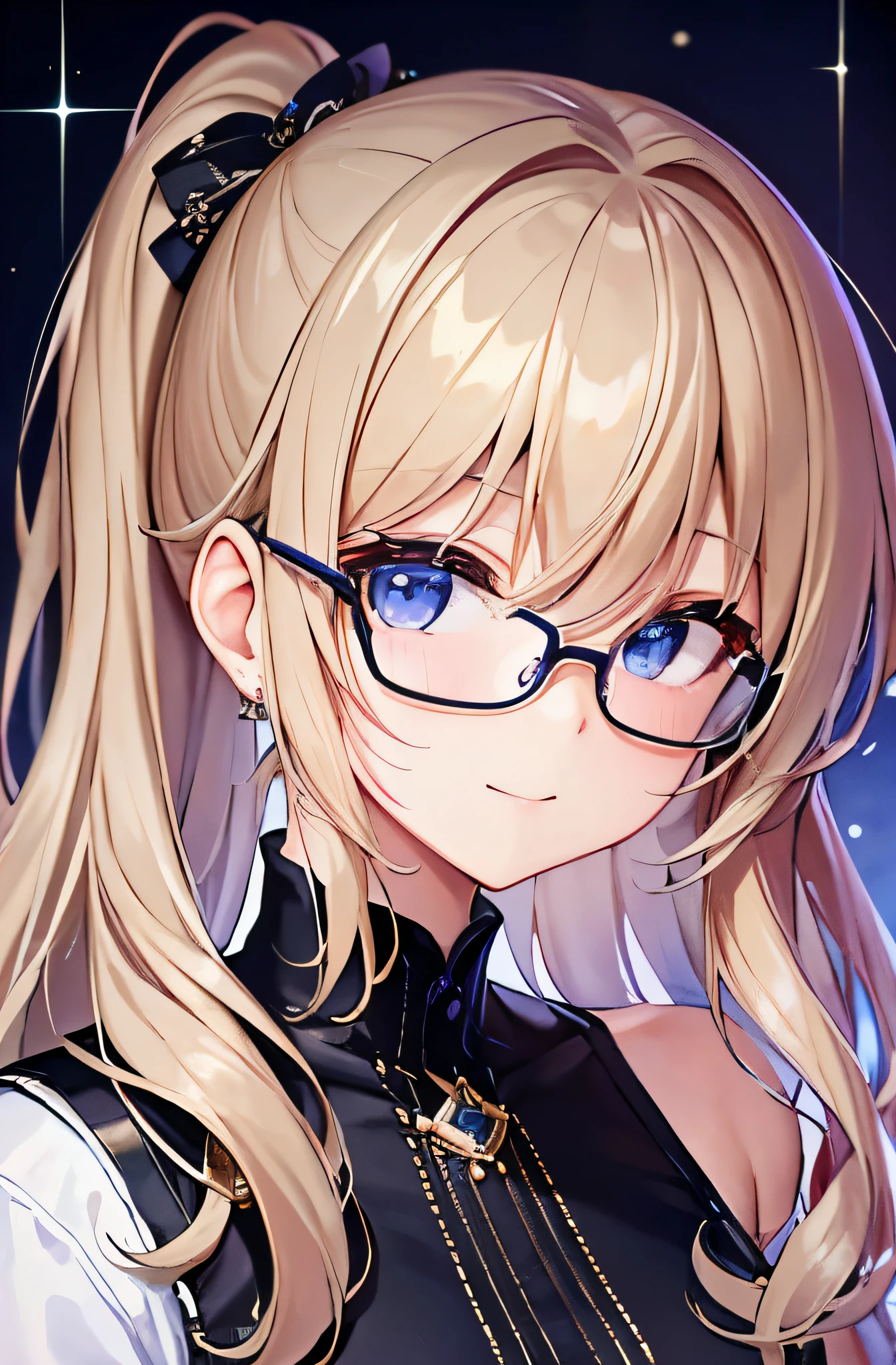 {{{{{{girl 1}}}}}}、{{{{{masterpiece}}}}}、highest quality、High resolution、{{{blonde hair ponytail}}}、{{{{beautiful girl}}}}、{{{small breasts}}}、blue eyes、Glasses、with shirt buttons、High resolution、{{{{{game CG}}}}}、bright、Sparkling、{{{{round face}}}}、{{smile}}、