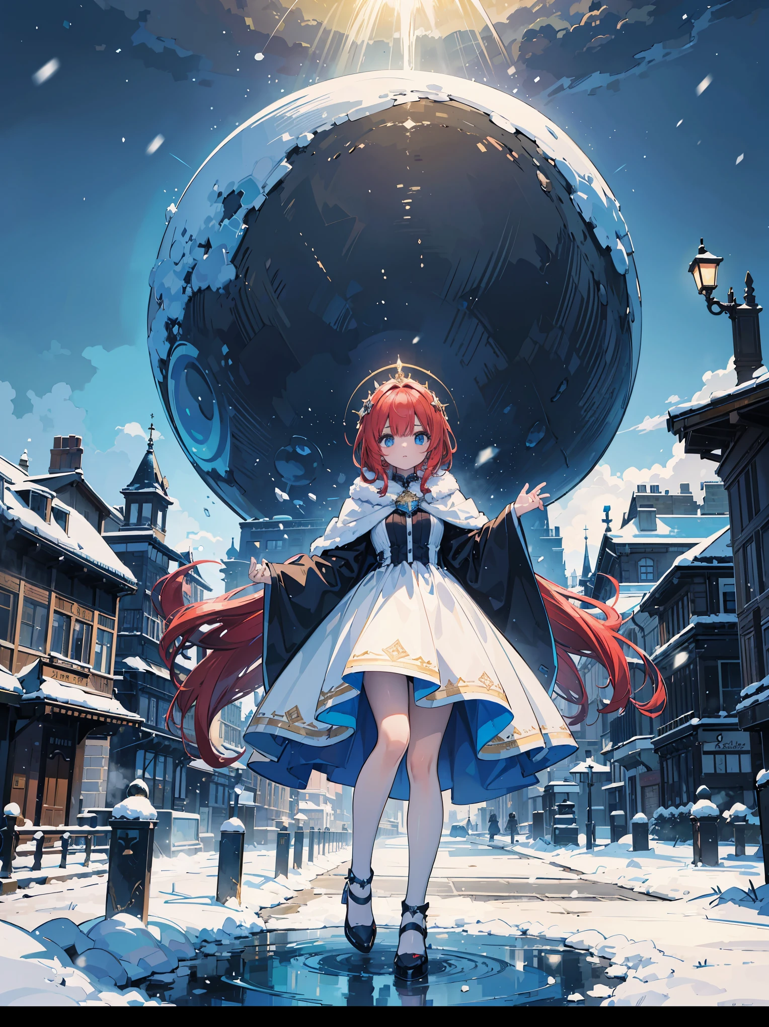 (Absurdity: 1.4), (Superb quality work by the Creator God: 1.4), (Absolute resolution: 1.4), (Highest masterpiece by the God of Arts and Sciences: 1.4), Surrealistic work, (Complex, meticulously detailed and realistic materials and textures and light sources: 1.3), (Perfect : 1.2), (Overwhelmingly ridiculous absurdity in the creation of the universe (1.3), BREAK. The main character is an (((red)):0.9) girl with long and fluffy ((cool)):1.3) hair. She is Elsa who created her own castle using her snow magic. She is wearing a blue dress and a white cape, sparkling like ice. She is singing to the camera with her confident look. In the background is her castle, with snow and ice sculptures visible. This illustration expresses her power and beauty. BREAK The most beautiful square in the world, (Grand-Place: 1.3), (Photo session of beautiful girls in a world heritage square: 1.15), Bold composition, (Poses that captivate viewers: 1.2), Dazed background