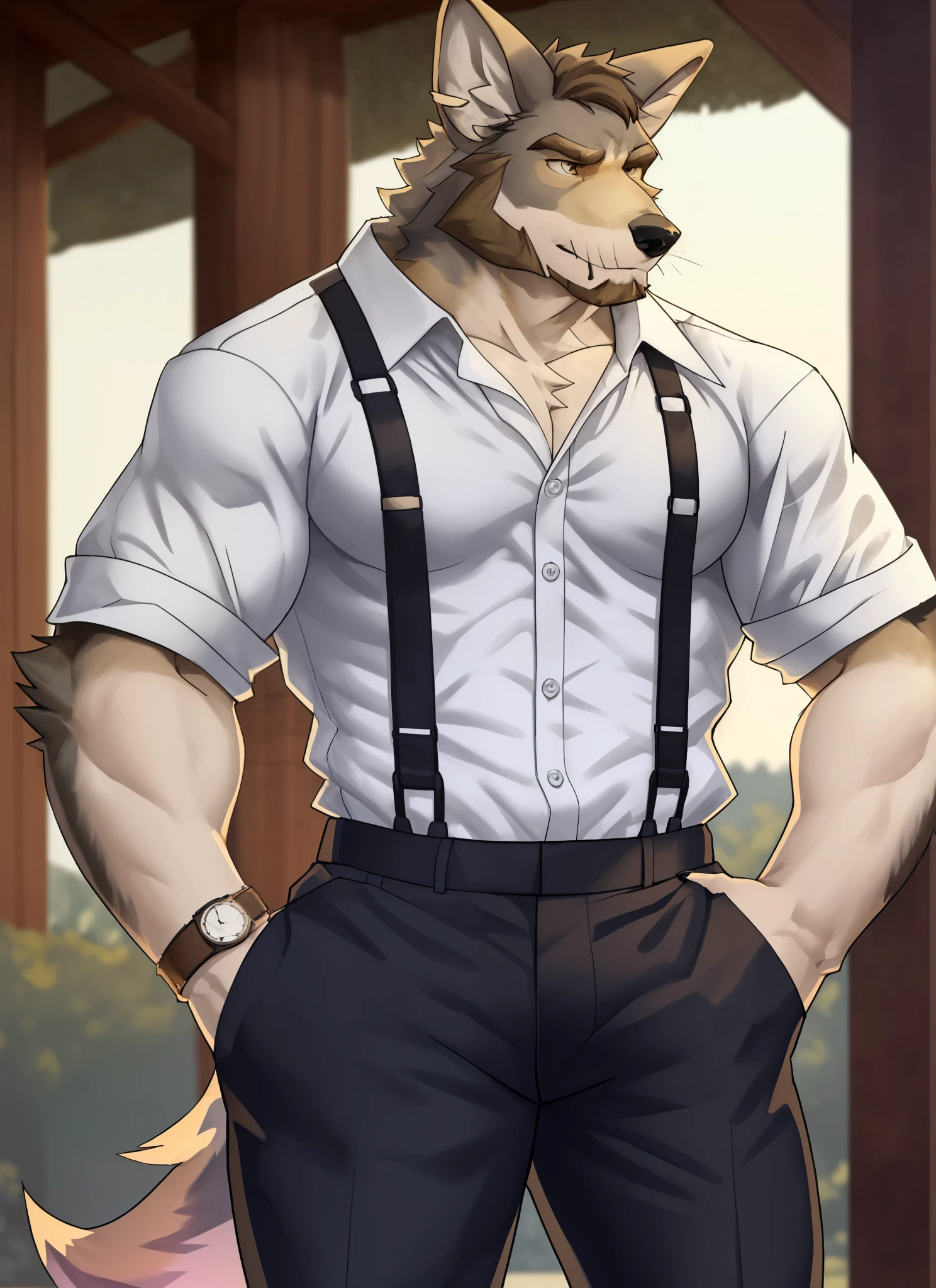 William Adler, One, shirt, 1 boy, white shirt, Upper body, male focus, collared shirt, trousers, looking away, Suspender, pectoral muscles, sleeves rolled up, look, wristlook, Wolf ears, beard