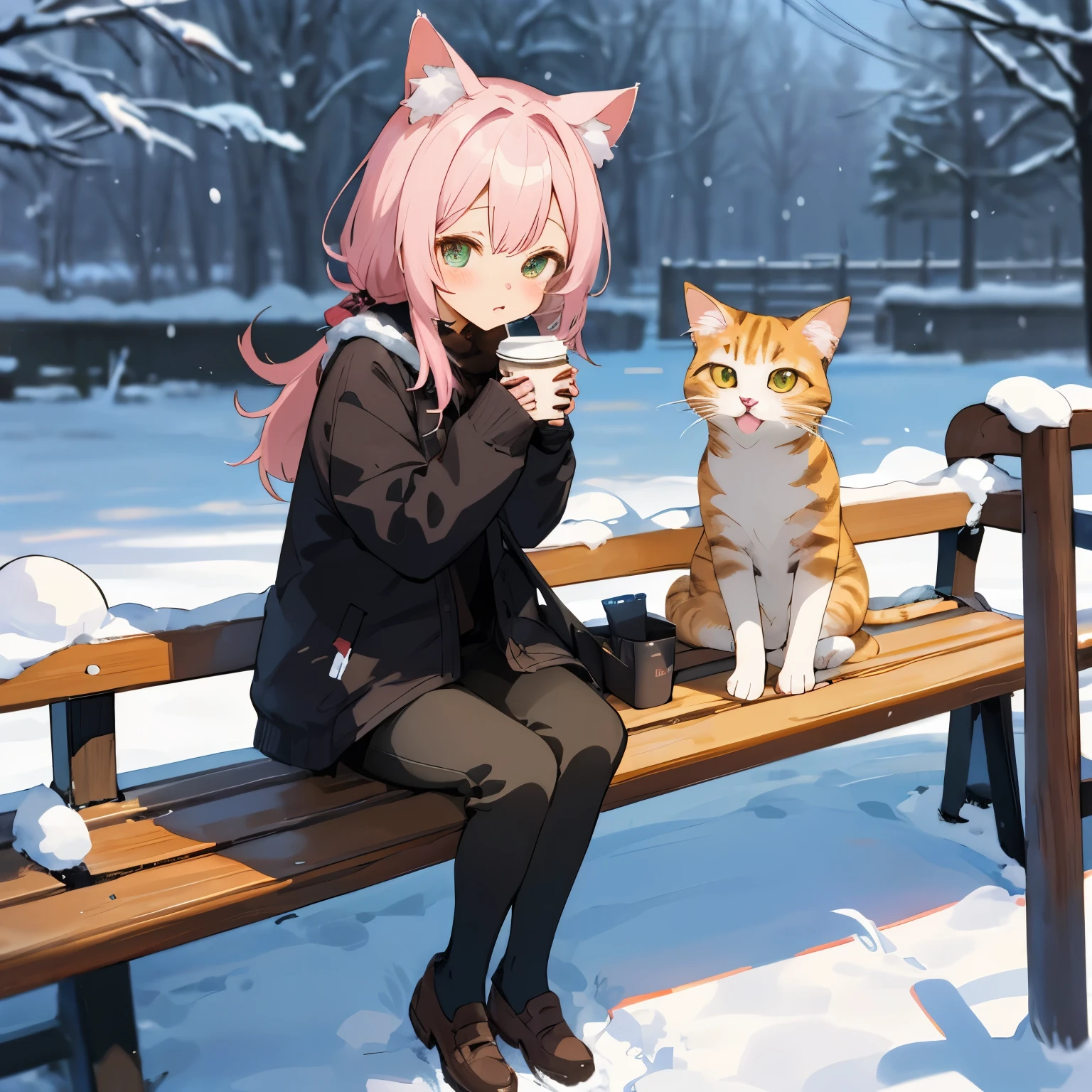 Anime character sitting on a bench drinking coffee with a cat, cute anime, anime style. 8K, anime style 4 k, cute anime style, cute art style, anime picture, cute anime catgirl, anime cat, cute catのアニメビジュアル, anime style illustration, in the snow, in anime style, anime girl with cat ears, cute cat