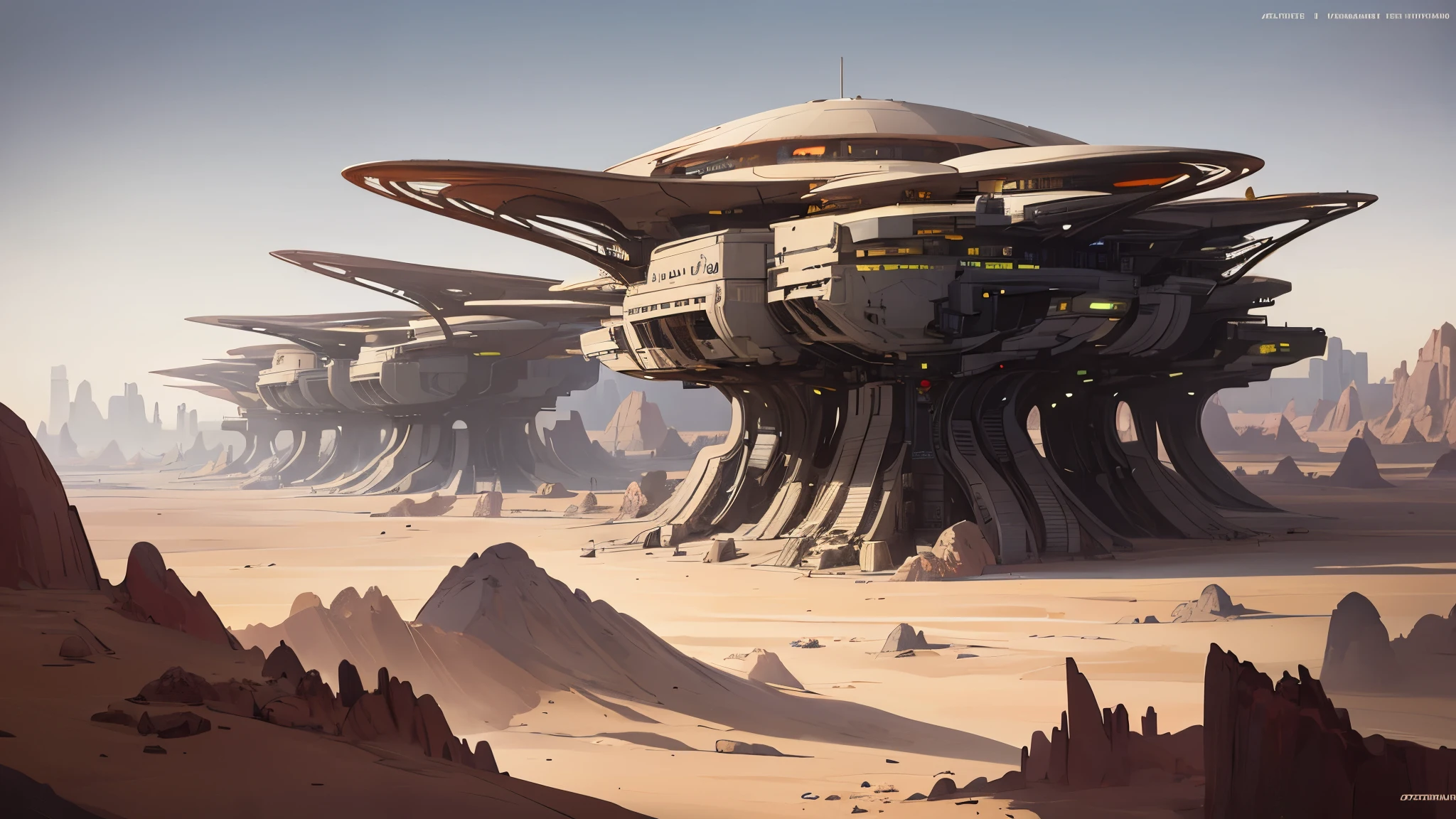 spaceships are flying over a futuristic city in the desert, concept art inspired by Mike "Beeple" Winkelmann, cg society contest winner, afrofuturism, martian city, mars city, mars colony, futuristic space port, an alien city, 8 k high detail concept art, mars base, huge futuristic temple city, futuristic alien city, martian architecture