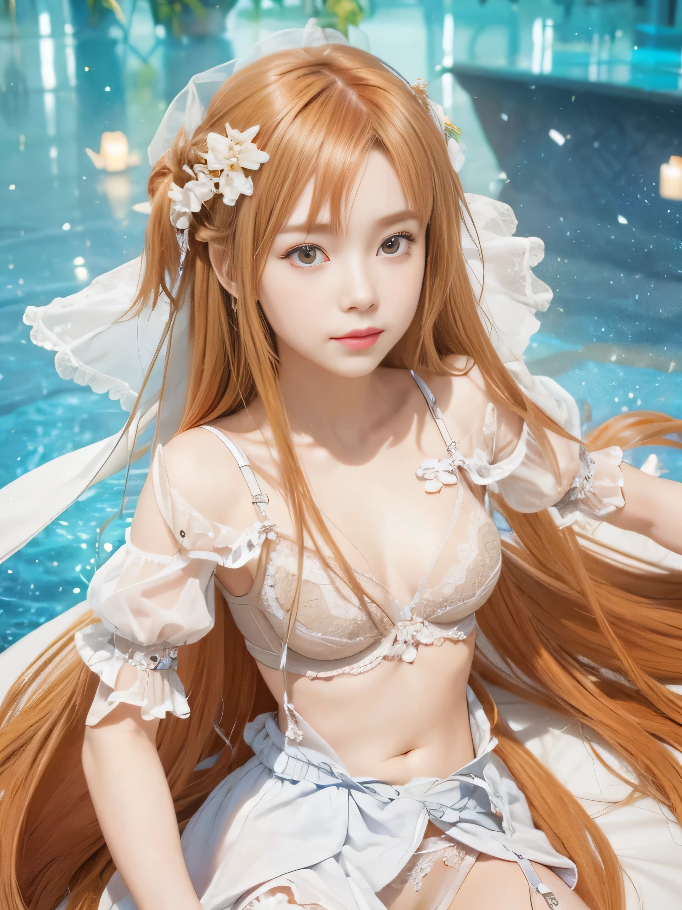 masterpiece, best quality, (realistic,photo-realistic:1.4), (RAW photo:1.2), extremely detailed CG unity 8k wallpaper, delicate and beautiful, amazing,finely detail, official art, absurdres, incredibly absurdres, huge filesize, ultra-detailed,extremely detailed eyes and face,light on face,little smile,asuna yuuki,(caramel hair:1.4),(wearing lingerie:1.4),abstract background,long hair,hair ornament