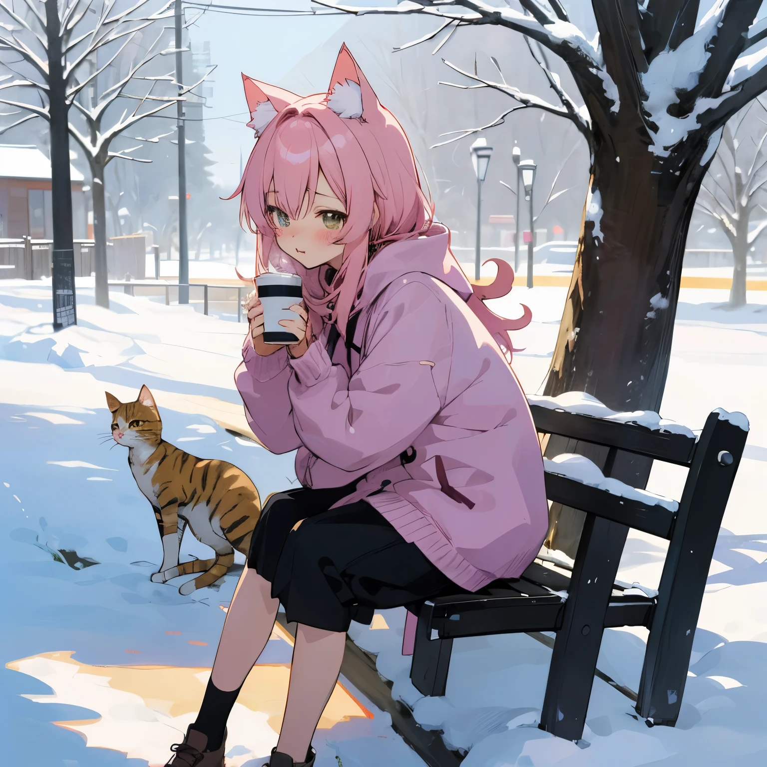 Anime character sitting on a bench drinking coffee with a cat, cute anime, anime style. 8K, anime style 4 k, cute anime style, cute art style, anime picture, cute anime catgirl, anime cat, cute catのアニメビジュアル, anime style illustration, in the snow, in anime style, anime girl with cat ears, cute cat