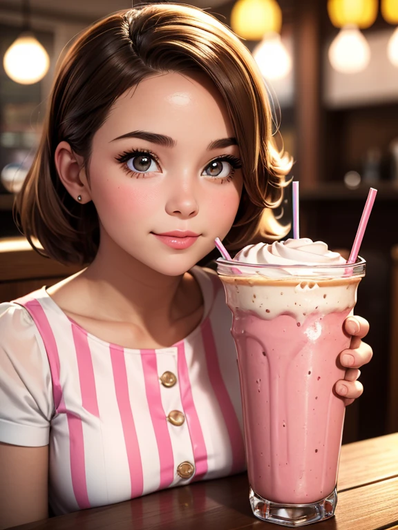 masterpiece, best quality, Gwendolyn_Tennyson, 1girl, solo, sitting, smirk, sundress, drinking milkshake,