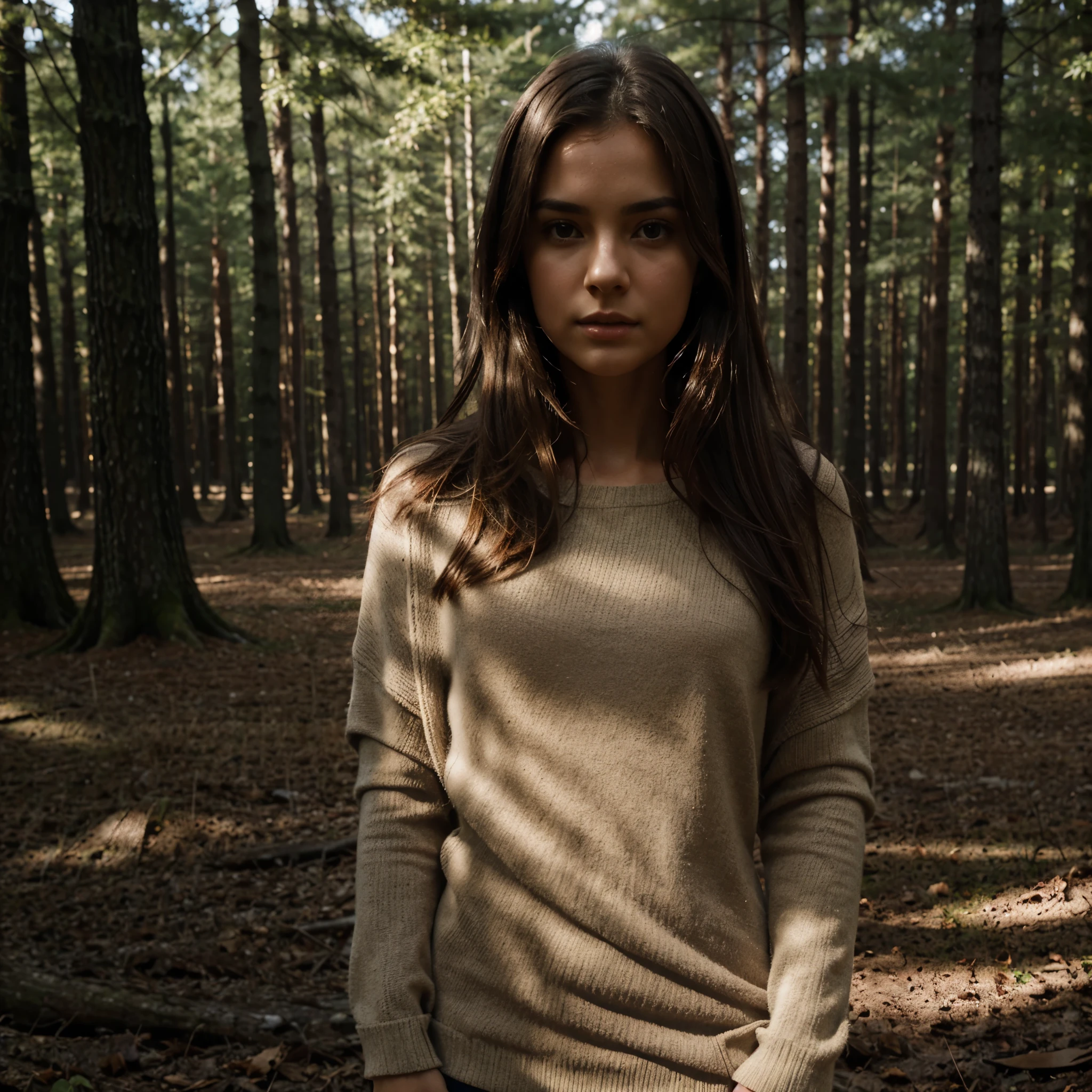 solo brunette,dressed warmly,elegant,graceful posture,sensual pose,photography,low key,fine art,soft and tousled hair,subtle shadows,striking silhouette,artful simplicity,exquisite details,deep emotions,captivating beauty, forest.