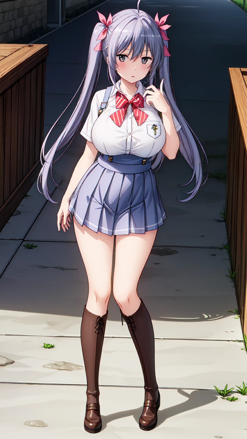  (Beautiful, Huge_Breasts:1.3), Miyauchi Renge, an anime style character, twin tail hair, yellow ribbon, ****,

this character is standing in a dress wearing thigh high boots with black socks, 1girl, solo, thigh-highs, white background, agoge, white thigh-highs, simple background, hand on hip, full body, bow, school uniform, looking at viewer, bowtie, shoes, loafers, (very short skirt:1.4), ribbon, (white school shirt:1.2), (black plated skirt:1.2), (shirt tucked into skirt:1.2), (The skirt isn't torn:1.2), (short sleeves shirt:1.2), (The shirt is tight:1.2),

Standing at attention,

1 girl, 20yo,YOUNG female,Beautiful Finger, Beautiful long legs ,Beautiful body ,Beautiful Nose ,Beautiful character design, perfect eyes, perfect face,

looking at viewer, in the center of the image, under butt

official art, extremely detailed CG unity 8k wallpaper, perfect lighting,Colorful, Bright_Front_face_Lightinasterpiece:1.0),(best_quality:1.0), ultra high res,4K,ultra-detailed,
photography, 8K, HDR, highres, absurdres:1.2, Kodak portra 400, film grain, blurry background, bokeh:1.2, lens flare, (vibrant_color:1.2)
, (beautiful_face:1.5),(narrow_waist), (Beautiful,Huge_Breasts:1.3)