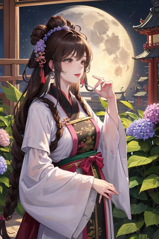 masterpiece, best quality, night, full moon, 1 girl, mature woman, Chinese style, China, elder sister, imperial elder sister, Smile, brown hair, princess cut, Fried dough braids, bun hair, Double ball head, Light pink lips, calm, intellectuals, Hair midpoint, green student, hairpin, hydrangeas,pregnancy