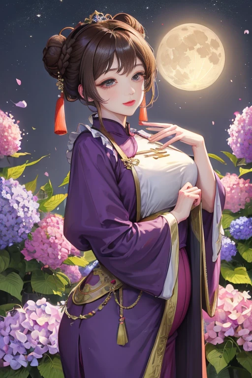 masterpiece, best quality, night, full moon, 1 girl, mature woman, Chinese style, China, elder sister, imperial elder sister, Smile, brown hair, princess cut, Fried dough braids, bun hair, Double ball head, Light pink lips, calm, intellectuals, Hair midpoint, green student, hairpin, hydrangeas,pregnancy