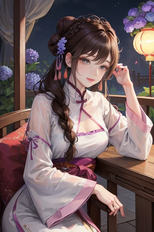 masterpiece, best quality, night, full moon, 1 girl, mature woman, Chinese style, China, elder sister, imperial elder sister, Smile, brown hair, princess cut, Fried dough braids, bun hair, Double ball head, Light pink lips, calm, intellectuals, Hair midpoint, green student, hairpin, hydrangeas,pregnancy