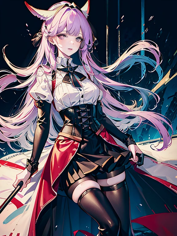 (((masterpiece)))、((highest quality))、(Super detailed)、(CG illustration)、(very beautiful girl))、cinematic light、((1 Mechanical Girl))、 SF、Apocalypse、Erotic grotesque、graduate school(beautiful and luxurious:1.2)、(1 girl:1.3)、facing the front,pale reddish-purple long hair,corset,(((((black high waist tight skirt)))))