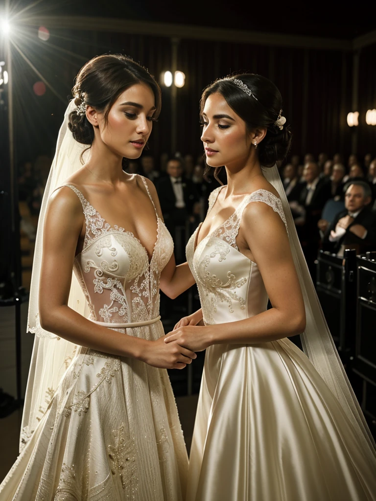 (Two elegant ladies in exquisite wedding gowns exchanging heartfelt kisses at a grandiose wedding ceremony),
detailed, ultra quality, cinematic lighting, beautiful bridal attire, stunningly intricate embroidery, delicate lace, elegant trains trailing behind, romantically captivating expressions, deeply moving moments, teary-eyed gazes, softly glowing ambient light, natural blush, crisp sharp focus, embodying the epitome of loveliness, subtly detailed pores and textured skin, besotted brides exchanging heartfelt vows, naturally glowing complexions, adj. (cinematic:1.8), (