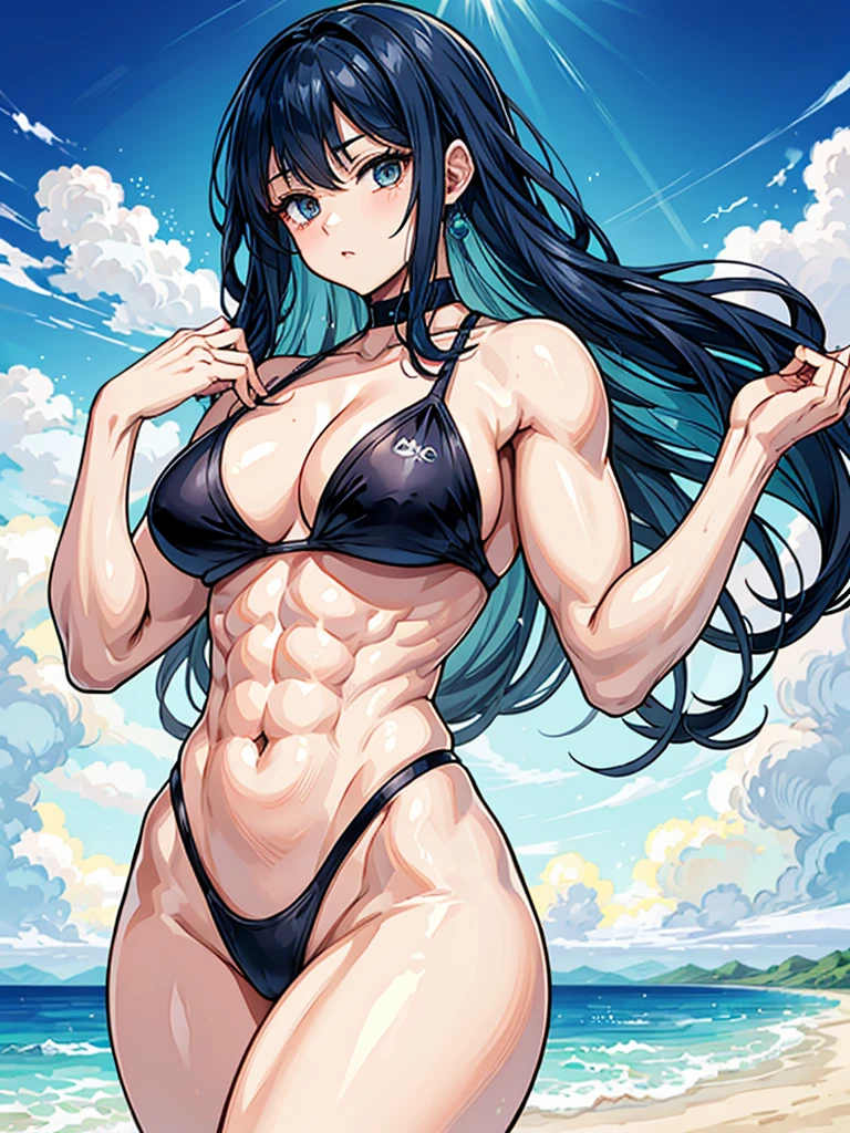 (((masterpiece、Highest image quality、highest quality、highly detailed unity 8kwallpaper)))、((Illustration of one girl))、(((beautiful girl)))、((blue hair、pixie cut:1.2、sidelocks))、(((tall、stocky build, thickset physique:1.3, muscular legs, broad shoulders, solid chest, flat chest)))、swimsuit、sandy beach