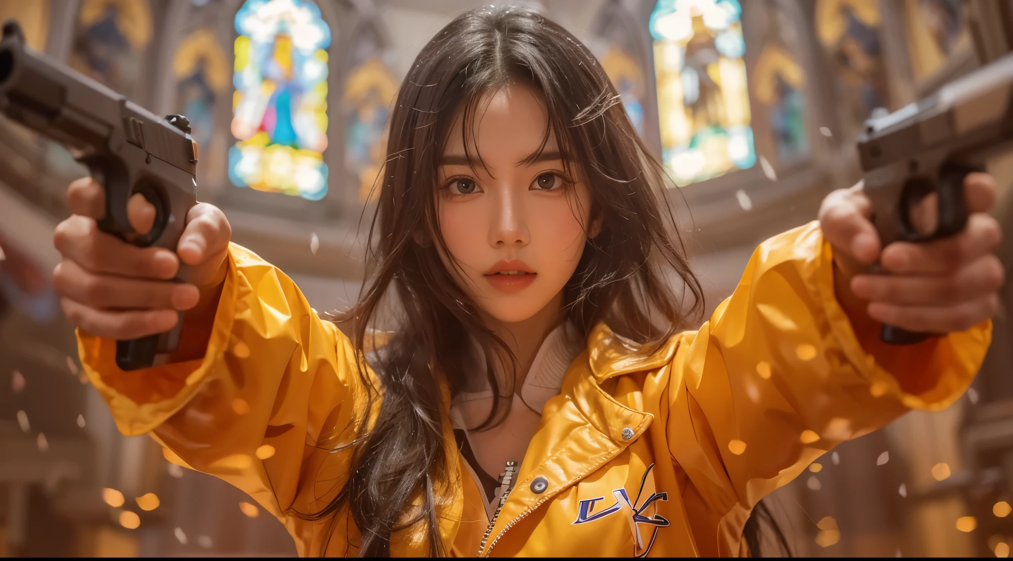 Fullbody length A Korea girl (fighting) (in church) , details body , (wear bomber jacket yellow) (holding 2 pistols
), (Random view)