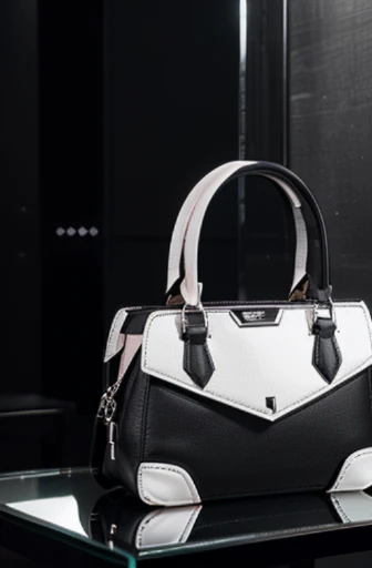 most sophisticated women's handbag made with leather and silver trim, black+ white+ blush colors, product photography, spacious interior, versatile design, displayed on polished reflective tabletop, reflection, concert lighting, nightclub lighting, glamorous- directional- lighting, Octane render, refined elegance, extreme detail, set against clean and dark gray background:: --v 5 --q 2