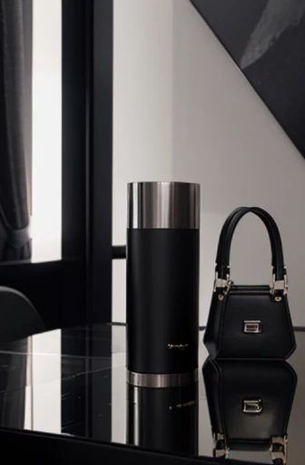 most sophisticated women's handbag made with leather and silver trim, black+ white+ blush colors, product photography, spacious interior, versatile design, displayed on polished reflective tabletop, reflection, concert lighting, nightclub lighting, glamorous- directional- lighting, Octane render, refined elegance, extreme detail, set against clean and dark gray background:: --v 5 --q 2