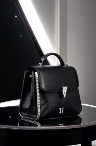 most sophisticated women's handbag made with leather and silver trim, black+ white+ blush colors, product photography, spacious interior, versatile design, displayed on polished reflective tabletop, reflection, concert lighting, nightclub lighting, glamorous- directional- lighting, Octane render, refined elegance, extreme detail, set against clean and dark gray background:: --v 5 --q 2