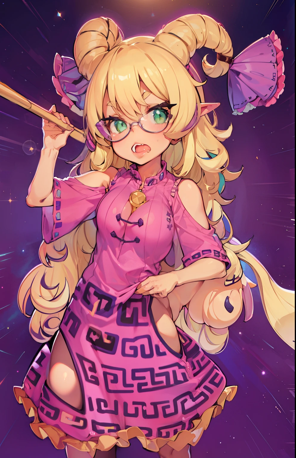 Sandy blonde hair, glasses, green eyes, l big boobs, thick thighs, hours glasses, wavey hair, (((1girl))),  pastel pink dress, croptop, floating rocks, stars, purple atmosphere, galaxies, space, on rocks , big juicy plump lips, holding big spoon, cleavage showing, thick thighs, hands on hips, angry