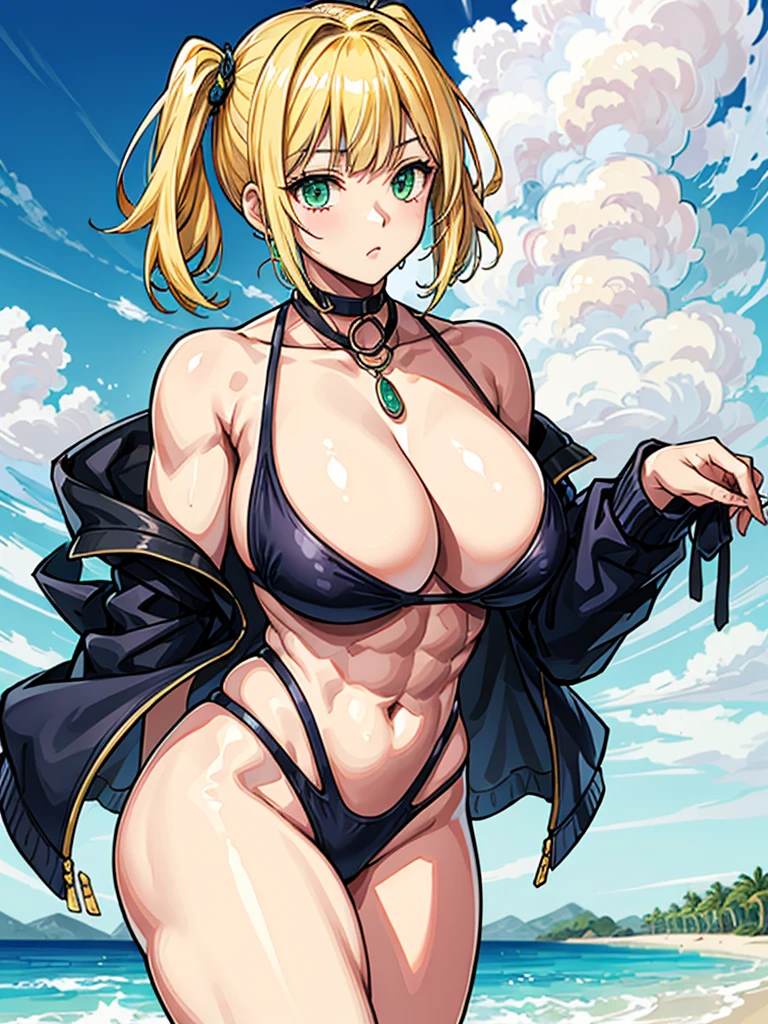 （（（masterpiece、Highest image quality、highest quality、highly detailed unity 8ｋwallpaper）））、（（Illustration of one girl））、（（（beautiful girl、cool）））、（（blonde、pixie cut：1.2、two side up、sidelocks、green eyes））、（（（tall、stocky build, thickset physique：1.3, muscular legs, broad shoulders, solid chest）））、swimsuit、sandy beach