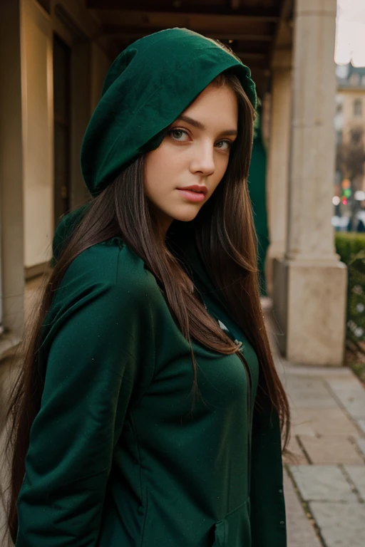 Brunette long hair, black long hair, emerald green eyes, big green eyes, cute nose, sexy lips, perfect face shape, 25 years old model, hood type outfit outfit, selfie perspective perfect camera phone